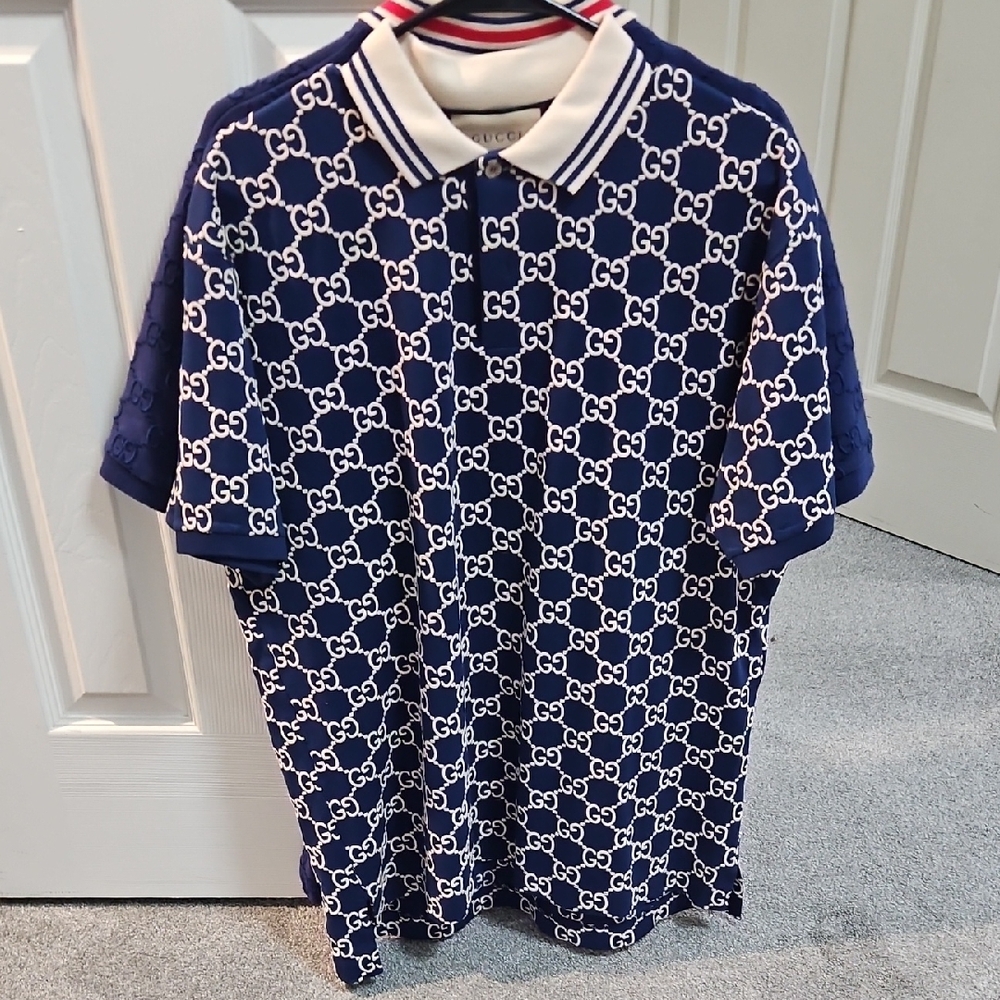 Gucci Blue and White Polo Shirt with Monogram Design